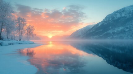 Poster - The sun rises softly over a tranquil lake, casting warm hues across the icy landscape. Frosty trees line the shore, while mountains loom in the background.