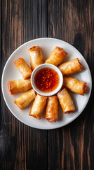 Wall Mural - Crispy spring rolls with sweet chili dipping sauce are ready to be savored