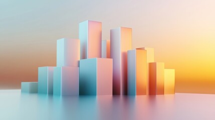 Poster - Geometric cityscape with pastel hues reflecting a serene sunset ambiance, AI