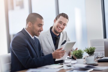 Leinwandbilder - Men, tablet and attorney in office with discussion, review or research for compliance at corporate law firm. Advocate, lawyer and people for partner, feedback and smile with app for justice at job