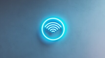 A neon sign with a blue circle and a wifi symbol