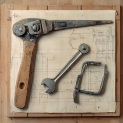 Tools, wood, blueprint