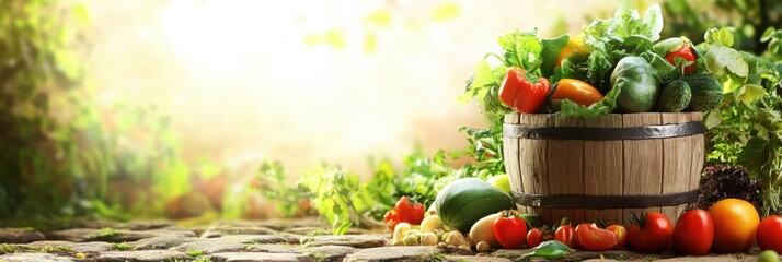 Aufkleber - A wooden bucket overflows with vibrant vegetables, set against a lush garden backdrop during the tranquil evening hours. Generative AI