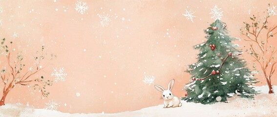 Wall Mural - watercolor winter art background with a christmas tree, snowflakes, and a little cute bunny on a pas