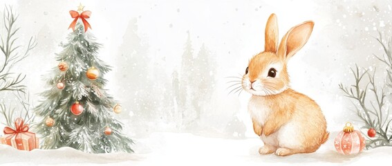 Wall Mural - winter watercolor background, a cute rabbit, a christmas tree and decorations, pastel colors, soft b