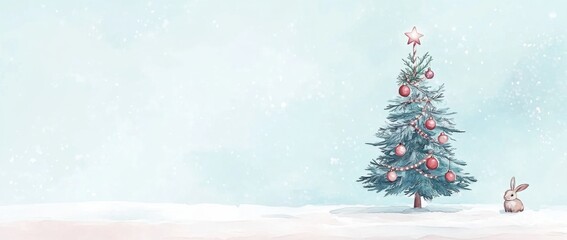 Wall Mural - watercolor winter art background, a cute christmas tree, a rabbit, and decorations hanging on string