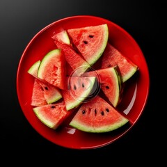 Wall Mural - Juicy watermelon slices, red plate, black background