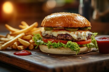 Poster - This mouthwatering burger features juicy meat, melted cheese, crisp lettuce, tomatoes, and a side of fries with sauce. Generative AI