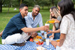 © Alvaro Lavin/Stocksy - Friends sharing orange juice during picnic at the park on summer day