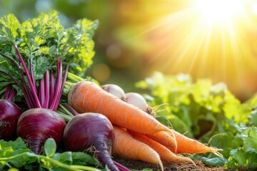 Aufkleber - Brightly colored carrots, beets, and onions sparkle in the morning sun, highlighting the freshness of a recent harvest on a farm. Generative AI