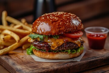 Aufkleber - This burger features melted cheese, lettuce, tomatoes, and sauce, beautifully presented on a wooden board next to crispy fries. Generative AI