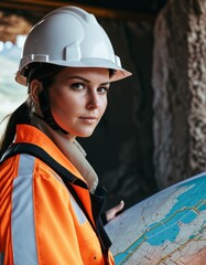 Confident female engineer in high visibility jacket reviewing blueprints