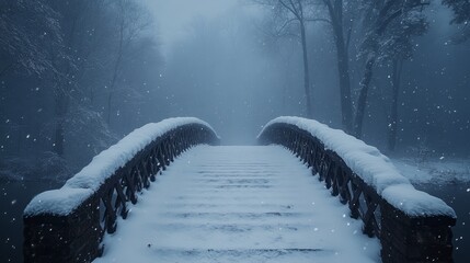 Fototapete - A snow-laden bridge crosses over a serene waterway, surrounded by tall trees shrouded in fog, embodying the quiet beauty of winter dawn.