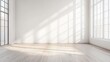 © NKTN - Empty room with large windows casting shadows on the floor, minimalist design, bright and spacious interior
