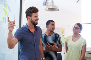 Wall Mural - Brainstorming, people or pointing to ideas on glass wall in startup for collaboration, talking or teamwork. Meeting, creative or designers in discussion for solution, sticky note or project in agency