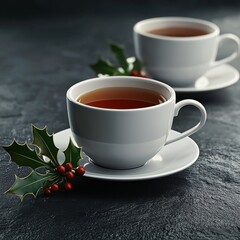 A gray surface is decorated with floral decorations on two white coffee cups