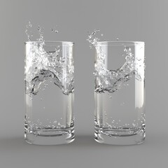 Splashing water in one glass tumbler, and two full of water