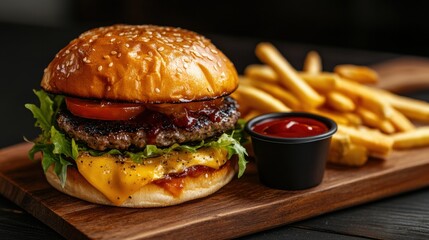 Poster - Savor a juicy burger with melted cheese, crisp lettuce, and fresh tomatoes, accompanied by golden fries and tangy sauce. Generative AI