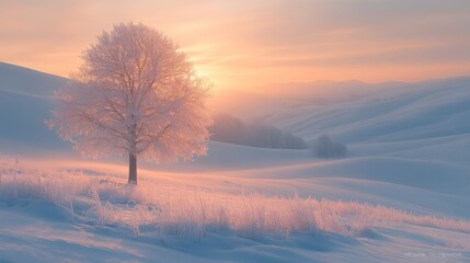 Poster - A peaceful winter morning unfolds as a single tree glistens under the soft light of sunrise, surrounded by pristine snow-covered hills and valleys.