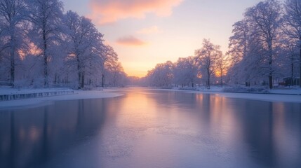 Poster - Winter light casts a warm glow over a frozen river, reflecting the soft colors of sunset. Snow-covered trees frame the scene, creating a peaceful atmosphere.