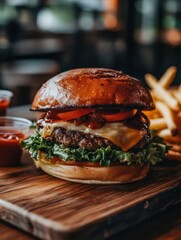 Aufkleber - This dish features a delicious burger topped with melted cheese, crisp lettuce, and ripe tomatoes served alongside golden fries and dipping sauces. Generative AI