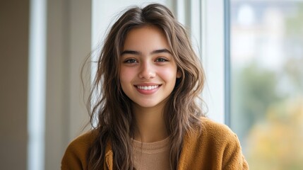 Poster - A smiling young woman with long, wavy hair, wearing a cozy brown jacket, stands by a window with natural light illuminating her face