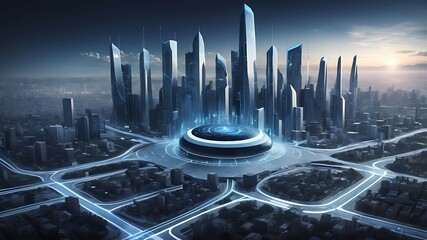 Internet Router as a City Hub A futuristic router with digital roads and buildings extending from it, symbolizing the hub of a smart city.