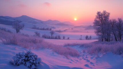 Poster - The soft light of dawn illuminates a tranquil, snowy valley, with rolling hills and frosted trees under a pastel sky. The stillness captures the beauty of winter's embrace.