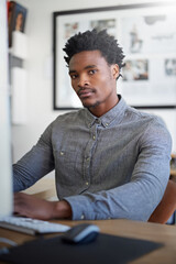 Aufkleber - Computer, portrait and research with black man in office for service designer, workflow mapping and website ui. Project management, target audience and feedback with person and online for startup