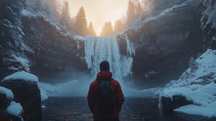 Poster - A person stands in awe before a stunning frozen waterfall, with sunlight breaking through the trees at dawn. The surroundings are covered in snow, creating a serene winter atmosphere.