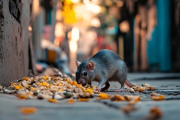 A grey rat rummaging through a pile of discarded food in an alley, showcasing its resourcefulness with a wary look under the streetlight 5