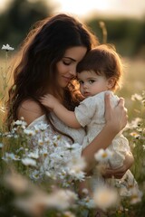 A mother holding her child in a field of flowers