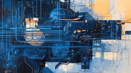 Abstract digital art with blue and orange hues and intricate lines representing a futuristic circuit board or digital network.