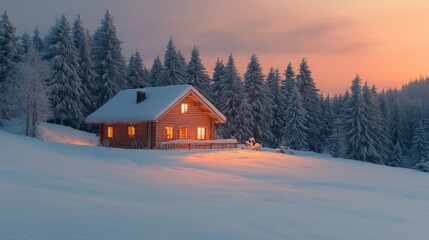 Poster - A wooden house stands bright with warm lights, surrounded by tall snow-laden trees under a softly lit sky at dusk. The serene winter scene evokes peace and comfort.