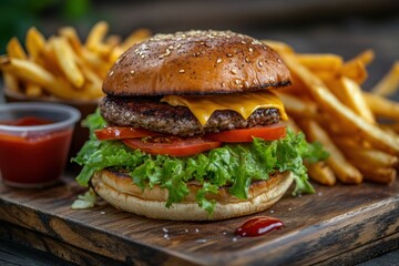 Aufkleber - A delicious burger featuring melted cheese, vibrant lettuce, ripe tomatoes, and savory sauce, accompanied by crispy fries on the side. Generative AI