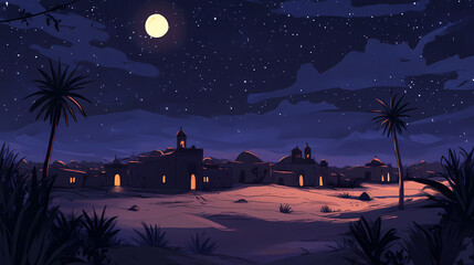 Dark moroccan mysterious desert nights. Arabian Desert Caravan. Illustration