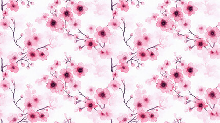 Seamless pattern of delicate watercolor pink flowers and branches ideal for fabric design and home decor