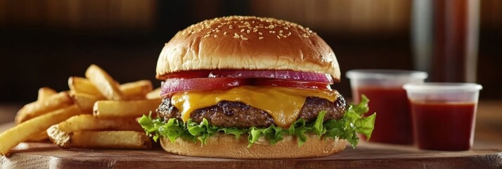 Aufkleber - Savor a delicious burger featuring melted cheese, crisp lettuce, and fresh tomatoes, accompanied by golden fries and dipping sauces. Generative AI
