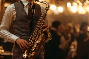 A jazz saxophonist in a checkered vest and tie, playing with passion on stage in a packed 1920s speakeasy, smoky atmosphere, close-up 2