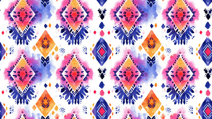 Vibrant watercolor boho seamless pattern featuring ethnic motifs ideal for fabric design wallpaper and swimwear applications tribal art