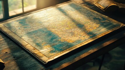 A vintage map laid out on a wooden table, bathed in warm sunlight streaming through a nearby window.