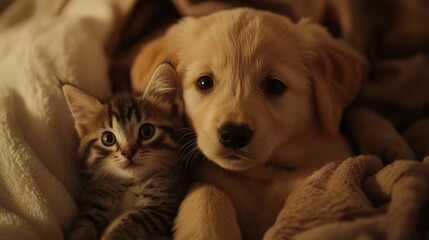 Wall Mural - Adorable puppy and kitten cuddle together on a soft blanket in cozy lighting, capturing a playful moment in their friendship