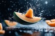 © Odin AI - A vibrant slice of melon dramatically captured in motion with water droplets splashing around it on a reflective surface, embodying freshness and vitality energetically.