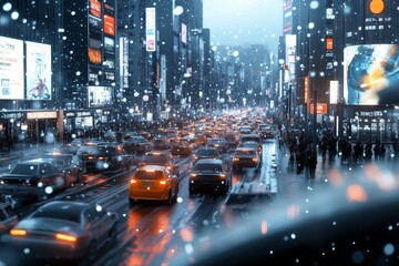 An urban street bustling with traffic amidst gently falling snow, illuminated by colorful city lights, capturing a serene yet vibrant scene of city life at night.