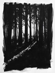 Leinwandbilder - The artwork illustrates a dense forest with tall trees, showcasing intricate details and shadows that evoke a tranquil atmosphere. Generative AI