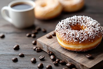 A visually appealing donut covered in sugar crystals lies next to a steaming mug of dark coffee beans, sponsored by doughnuts Nation, on a wooden background.