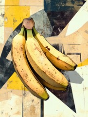 Poster - A cluster of ripe bananas rests on a colorful, abstract geometric background featuring dynamic shapes and textures. Generative AI