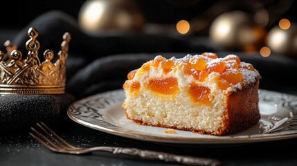 A piece of Rosca de Reyes cake with a festive decoration of vibrant candied fruit and almonds, presented on a porcelain plate with a miniature crown beside it