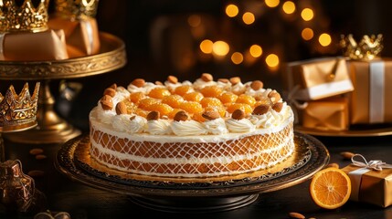 A vibrant, festive setting featuring a decorated Three Kings cake topped with almonds and candied citrus, accompanied by small wrapped gifts and decorative crowns