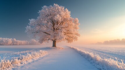 Poster - A solitary tree adorned with frost towers over a snowy path, illuminated by the gentle glow of sunrise, creating a serene winter atmosphere.